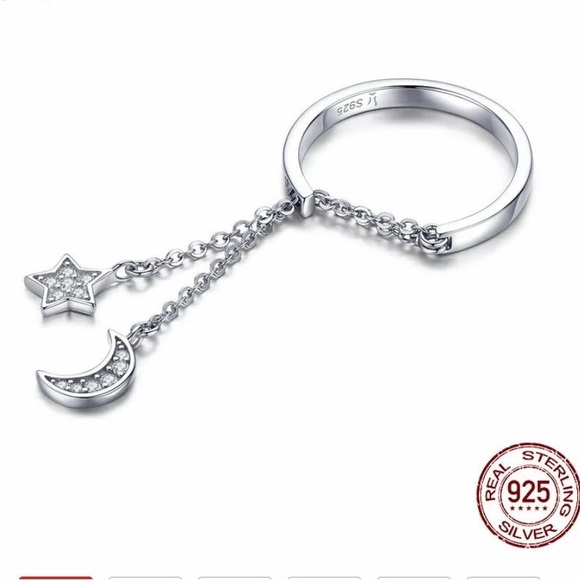 Authentic 925 Sterling Silver Moon and Star Link Chain Adjustable Finger Rings - Picture 2 of 6